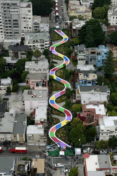 In this photo provided by Hasbro Inc., shown is the famous Lombard Street in San Francisco, after being transformed into a larger-than-life sized version of the Candy Land game complete with the iconic path to celebrate the gameâs 60th birthday, Wednesday, August 19, 2009. (AP Photo/Hasbro Inc., Darryl Bush)